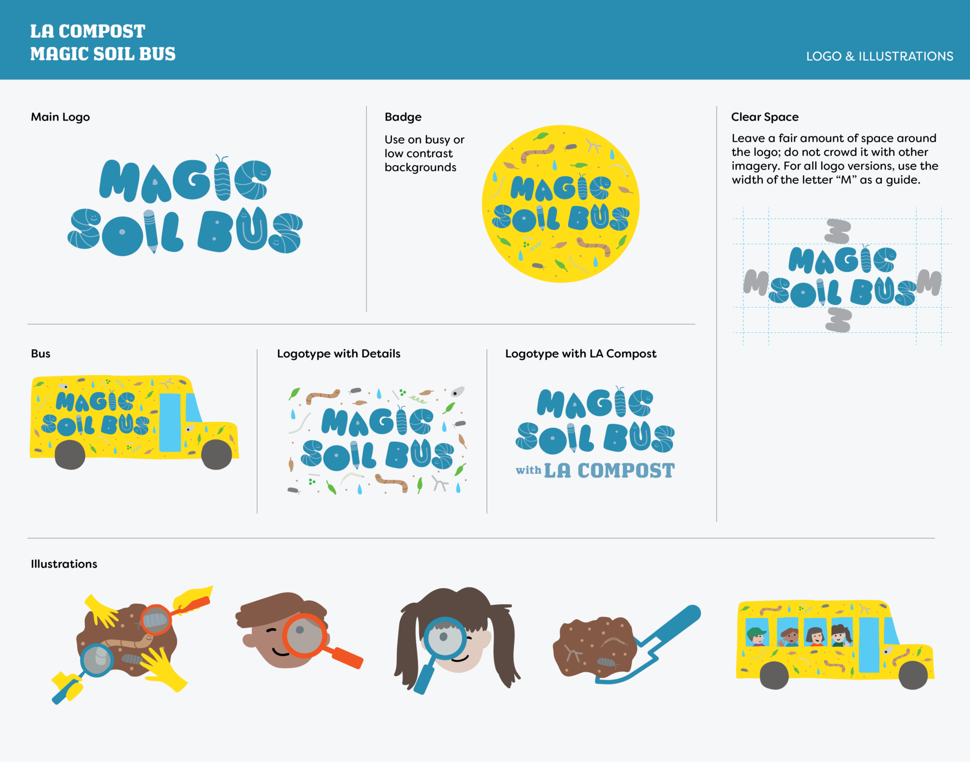 LA Compost magic soil bus style guide. Main logo, badge, bus, logotype with details, logotype with LA Compost, Clear space, Illustrations