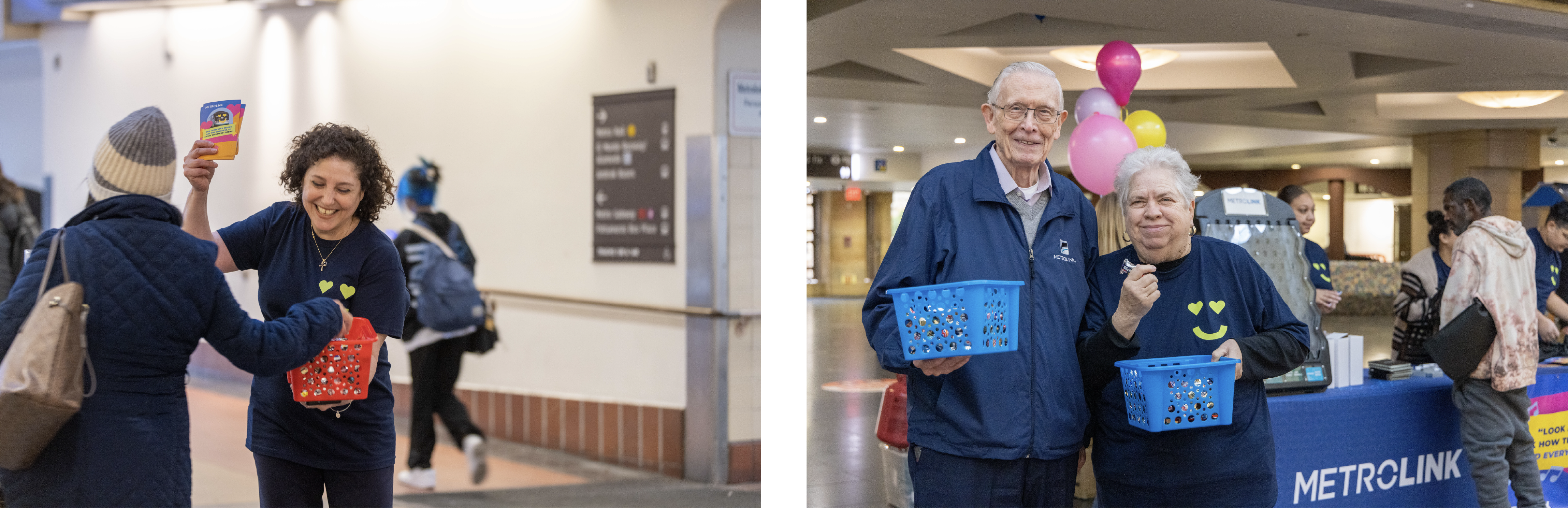 Metrolink employees interacting with riders