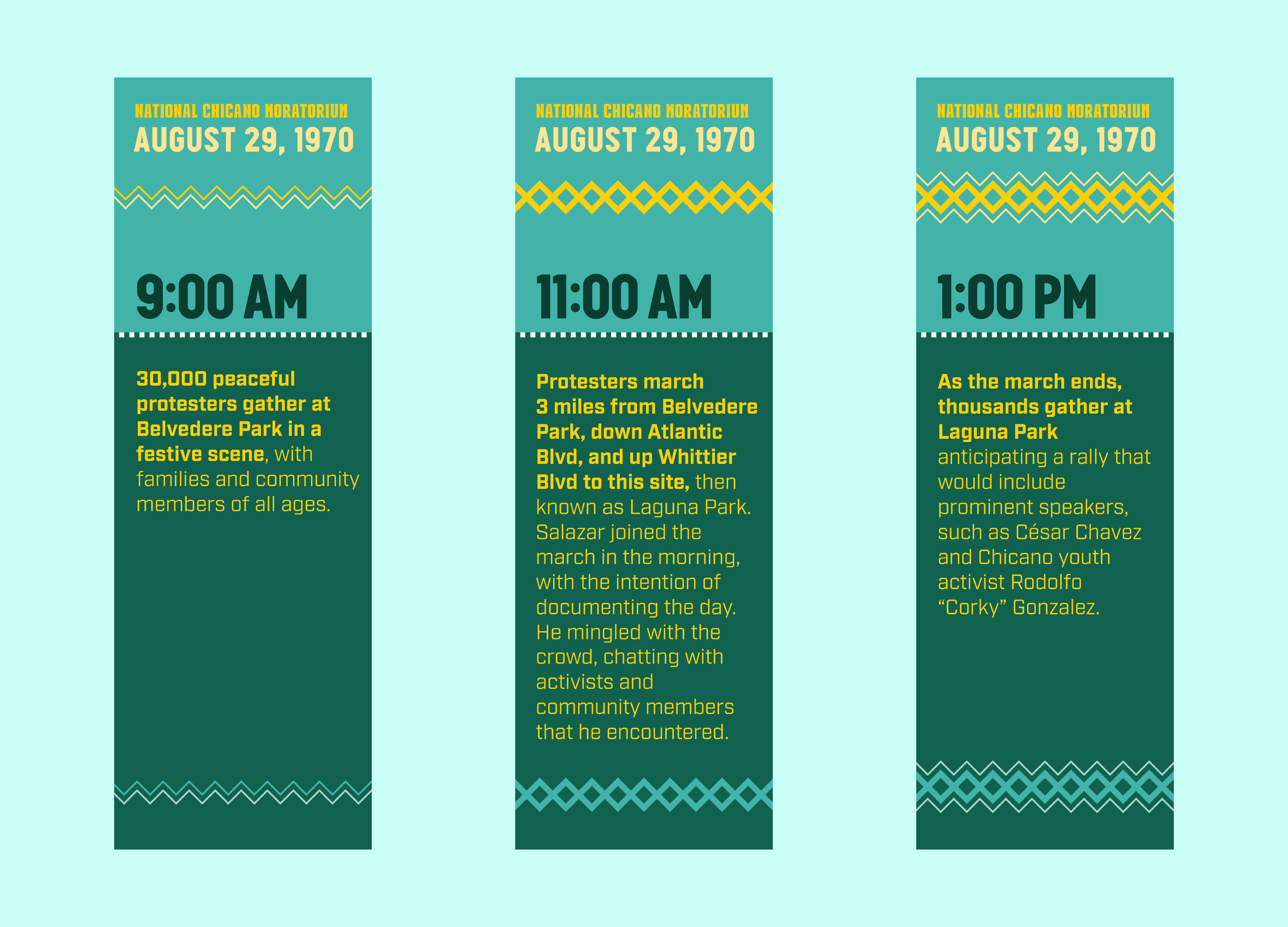 National Chicano Moratorium timeline banner Aug. 29, 1970 - 9:00am, 11:00am, and 1:00pm